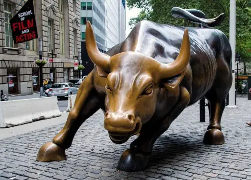 A sculpture of a bull on Wall Street, New York City, an important center of the American stock markets.