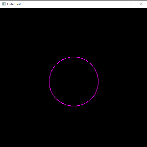 A window created by the Ebiten game engine, showing the outline a purple circle on the screen.