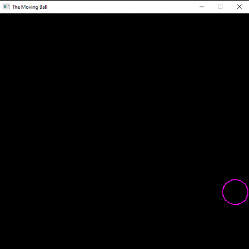 A window created by the Ebiten game engine, showing a small purple circle at the edge on the screen. The circle is animated and it is intended to represent a ball.