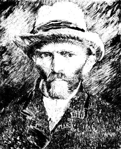 Self-portrait of Vincent van Gogh in black-and-white with an algorithmically determined threshold.