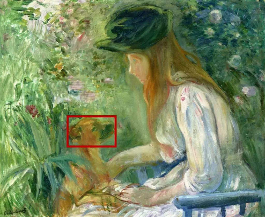 An image of the painting by Berthe Morisot with a red box around the dog's head.