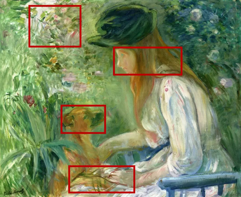 The "Girl With a Dog" painting by Berthe Morisot with red rectangles around the areas that are going to be pixelated.