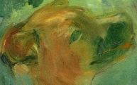 An image of the dog's head. It is a portion of an original painting by Berthe Morisot.