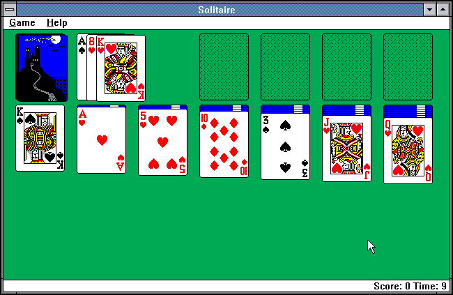 A game of solitaire being played on Microsoft Windows 3.0.