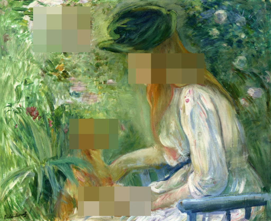 An image of the "Girl With a Dog" painting by Berthe Morisot with four areas pixelated using 60-by-60-pixel blocks.