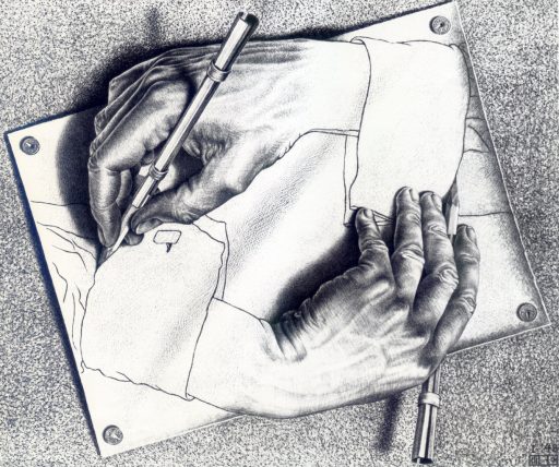 An illustration of hands holding pencils. The hands seem to be drawing each other.