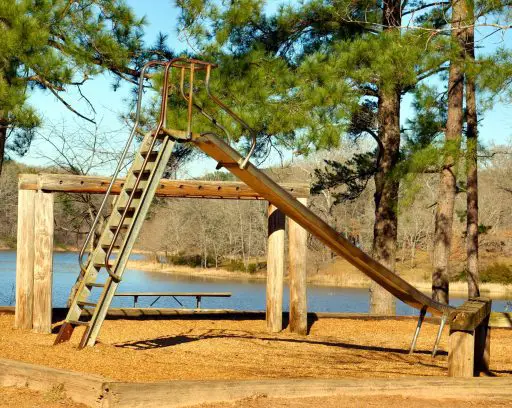 A children's playground in a woodland setting.
