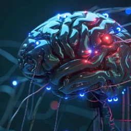 An computer rendering of a brain made from metal with wires and lights attached. It is supposed to symbolize artificial intelligence and machine learning.