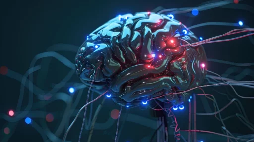 An computer rendering of a brain made from metal with wires and lights attached. It is supposed to symbolize artificial intelligence and machine learning.