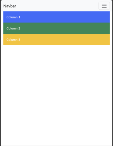 A bootstrap webpage containing three columns and a navbar when viewed in a small window or screen.