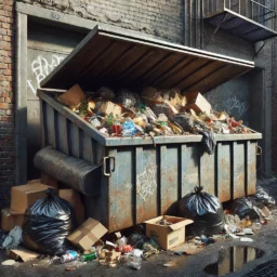 A dumpster on a street. It is filled with garbage, waste and trash. The dumpster is used as a visual metaphor for the importance of garbage collection in programming languages.