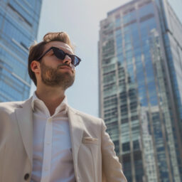 A confident and rich businessman standing in modern city, surrounded by skyscrapers. He has been successful in business, and he is wearing a suit and sunglasses.