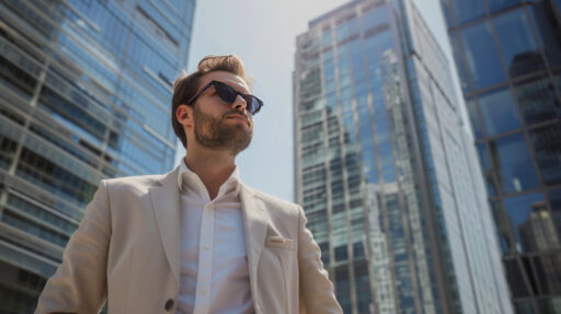 A confident and rich businessman standing in modern city, surrounded by skyscrapers. He has been successful in business, and he is wearing a suit and sunglasses.