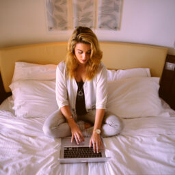 A professional woman working on a laptop while sitting cross-legged on a bed in a hotel room.