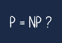 Text written on a chalkboard referencing the "P versus NP" problem, which remains an open question in computer science.