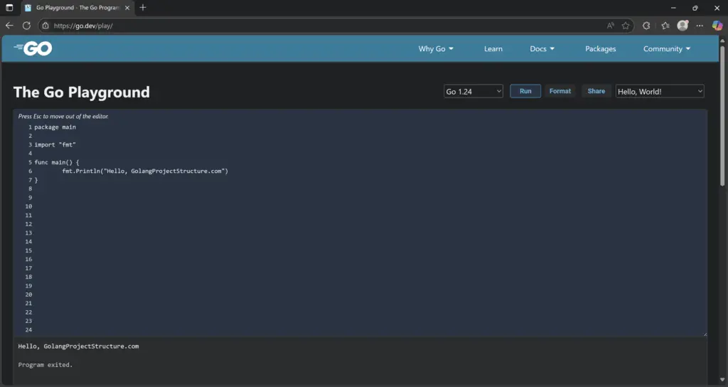 The Go Playground with some example code.